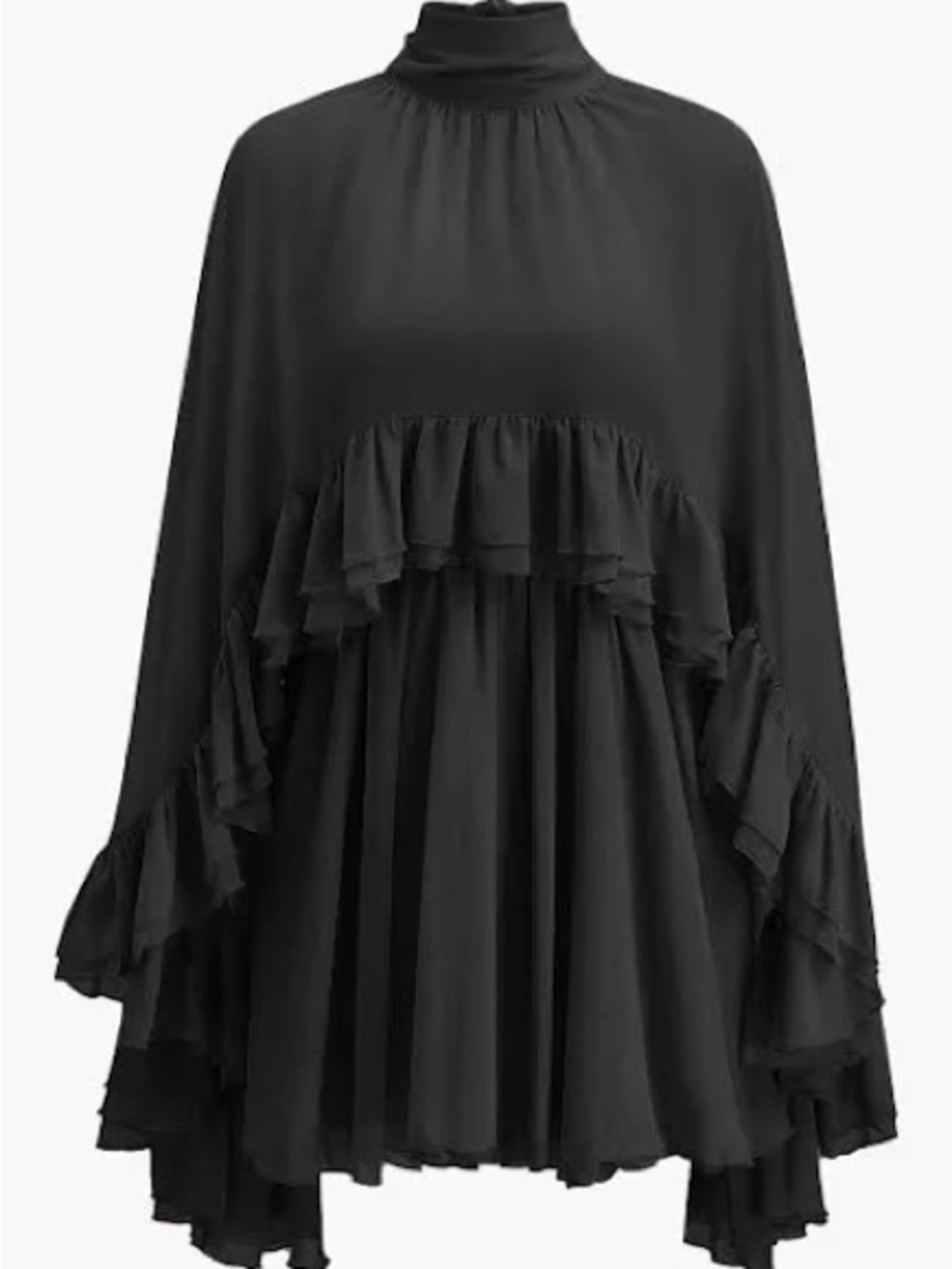 Semi-Sheer Chiffon Ruffle Dress With Outer Cape